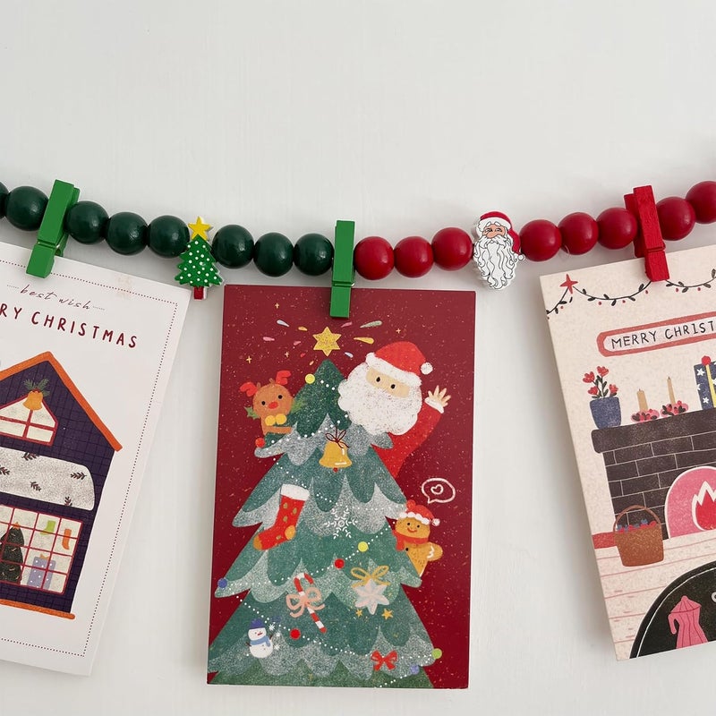 Kintyno Christmas Hanging Photo Display with 11 Clips, Wooden Beaded Christmas Tree Santa Wreath, Boho Collage Photo Frame Decoration for Dorm Room, Classroom, Bedroom - Image 5